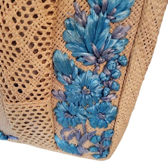 Turquoise Flowers Raffia Straw Handbag Tote Bag - Picture 3 of 4